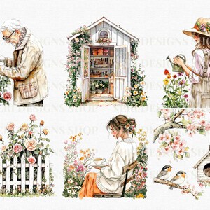 Puede incluir: Un conjunto de seis ilustraciones de acuarela que representan un cobertizo de jard&iacute;n blanco, una mujer regando flores, una mujer sentada en un jard&iacute;n, un hombre podando rosas, una valla blanca de piquetes con rosas y una casita de p&aacute;jaros colgada de una rama de &aacute;rbol con dos p&aacute;jaros posados en una rama.