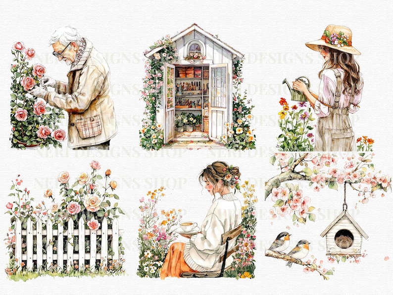 Puede incluir: Un conjunto de seis ilustraciones de acuarela que representan un cobertizo de jard&iacute;n blanco, una mujer regando flores, una mujer sentada en un jard&iacute;n, un hombre podando rosas, una valla blanca de piquetes con rosas y una casita de p&aacute;jaros colgada de una rama de &aacute;rbol con dos p&aacute;jaros posados en una rama.