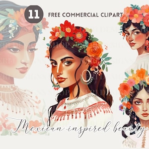Mexicaans geïnspireerde vrouw aquarel clipart, mooie dame en bloemenhoofddeksels gratis commerciële PNG, traditionele Mexicaanse stijl meisje afbeelding