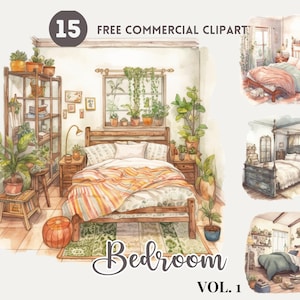 Gezellige slaapkamer aquarel clipart bundel, gratis commerciële slaapkamer meubels PNG, interieur ontwerp afdrukbare, esthetische Home decor illustratie