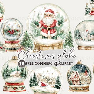 May include: Set of 18 watercolor Christmas snow globe clipart images. The snow globes feature Santa Claus, winter scenes, and houses. The snow globes are painted in a vintage style with gold accents.