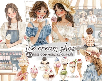 May include: Watercolor illustration of an ice cream shop with several women and children enjoying ice cream cones. The image includes various ice cream flavors and the text "Ice cream shop 40 FREE COMMERCIAL CLIPART".