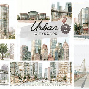 Illustrazione digitale di un paesaggio urbano ad acquerello, con skyline, edifici, strade e mezzi di trasporto.