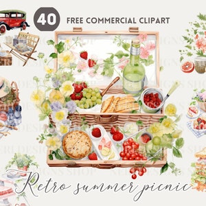 Picnic retro con paquete de imágenes prediseñadas de acuarela de coche antiguo, Picnic extendido PNG comercial gratuito, cesta de picnic, sándwich, jugo de fruta, silla plegable