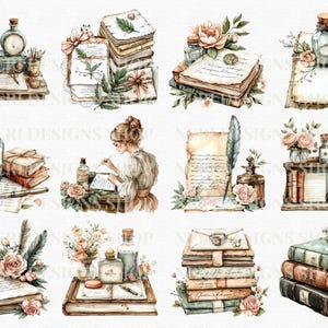 May include: Watercolor illustrations of vintage books, ink bottles, and flowers. The images depict a classic, romantic theme with stacks of aged books, quills, and antique writing tools. Soft colors and floral accents create a nostalgic aesthetic.