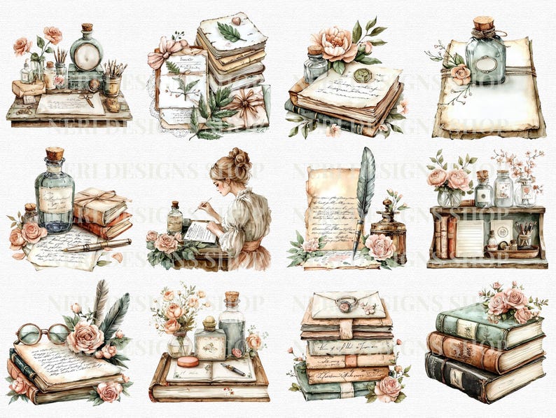 May include: Watercolor illustrations of vintage books, ink bottles, and flowers. The images depict a classic, romantic theme with stacks of aged books, quills, and antique writing tools. Soft colors and floral accents create a nostalgic aesthetic.