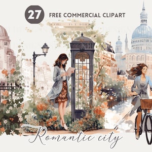 Romantische stad meisje aquarel clipart bundel, gratis commerciële Parijs straat PNG set, fietsen vrouw illustratie, Floral Call Booth afbeelding