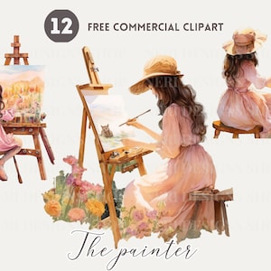 Pacchetto di clipart acquerello pittore femminile, signora femminile che disegna su tela PNG commerciale gratuito, grafica artistica per ragazza, pittura da cavalletto