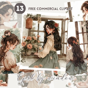 Vintage romantisches Mädchen am Fenster Aquarell Clipart Bündel, Retro feminine Freie kommerzielle PNG, Rückansicht Dame, Frau, die Grafik schreibt