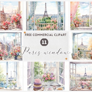 Paris window Watercolor Clipart Bundle, Free Commercial French City View JPG, Romantic Eiffel Tower Illustration, French street view graphic
