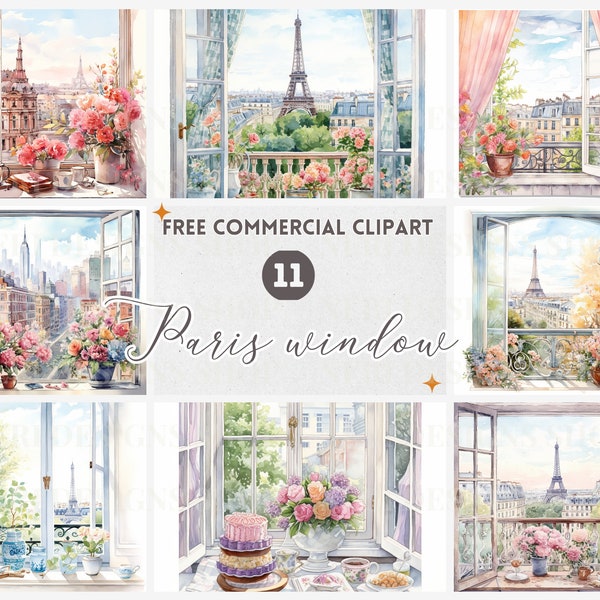 Paris window Watercolor Clipart Bundle, Free Commercial French City View JPG, Romantic Eiffel Tower Illustration, French street view graphic