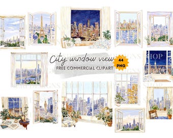 City Window View Watercolor Clipart Bundle, Urban Skyline, Landmark Window Scene PNG