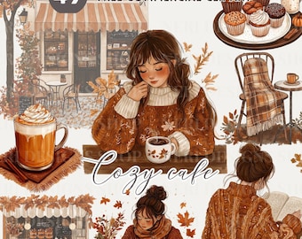 Cozy Fall Coffee Shop watercolor clipart, autumn cafe storefront free commercial PNG, Girl and Coffee, Fall Cafe Window Display for planner