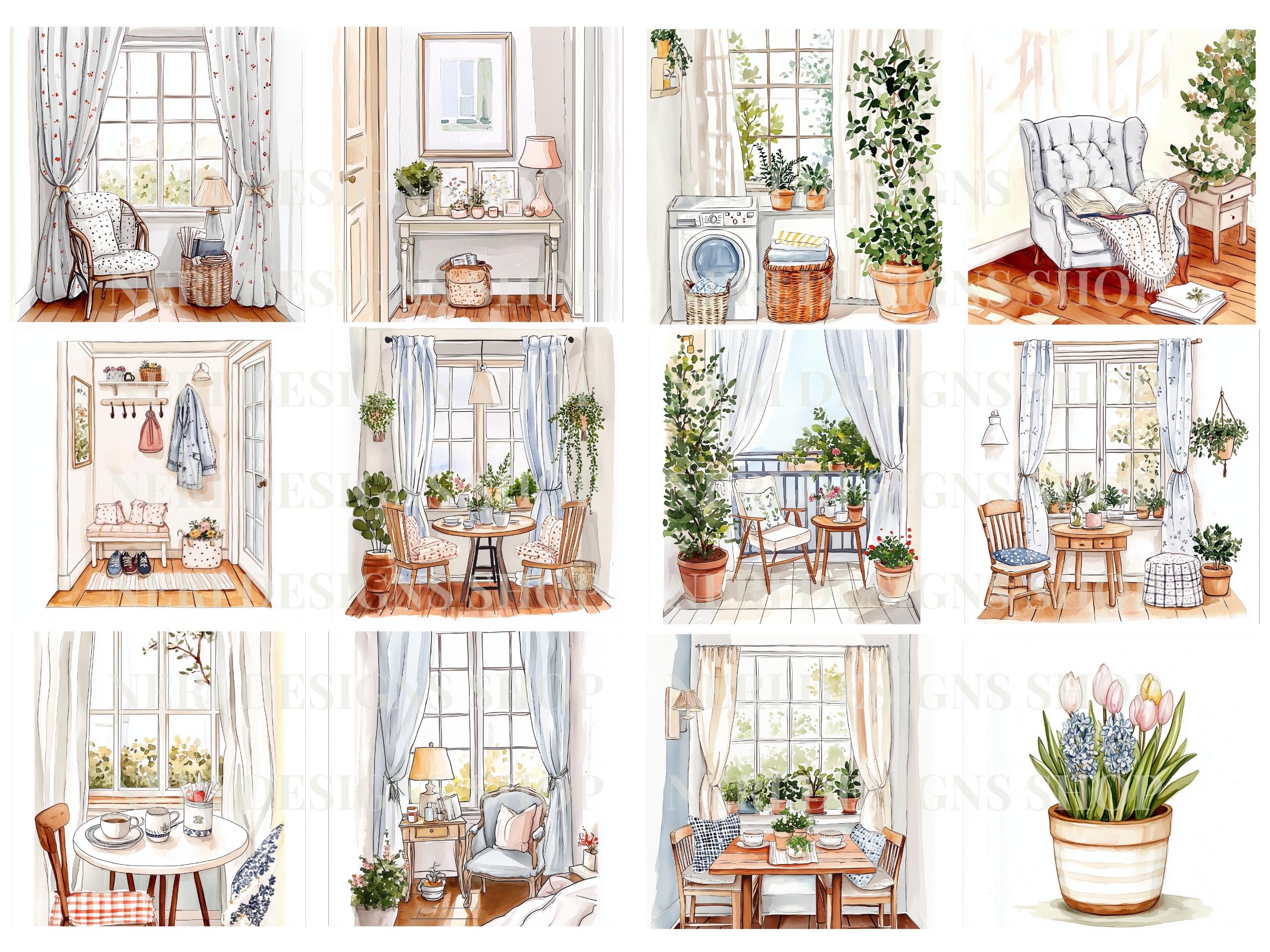 Cute Home Interior Watercolor Clipart, Cozy Room & House Scene Free ...