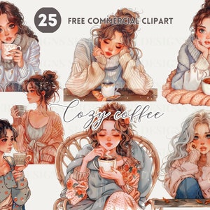 Acogedora chica y café acuarela clipart, chica romántica PNG comercial libre, café de invierno, ilustración del momento del café de otoño, gráfico femenino