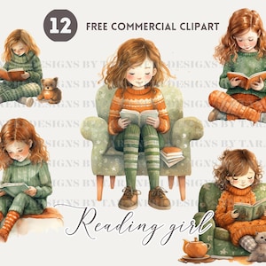 Young Girl Reading watercolor clipart bundle whimsical kid reading Free commercial png set Book lover illustration for children&#39;s book