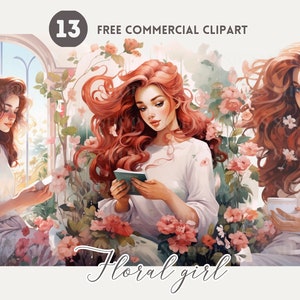 Femme florale lisant un paquet de cliparts aquarelle Fille et fleur de rose Ensemble png commercial gratuit Jeune femme prenant le thé illustration pour le journal