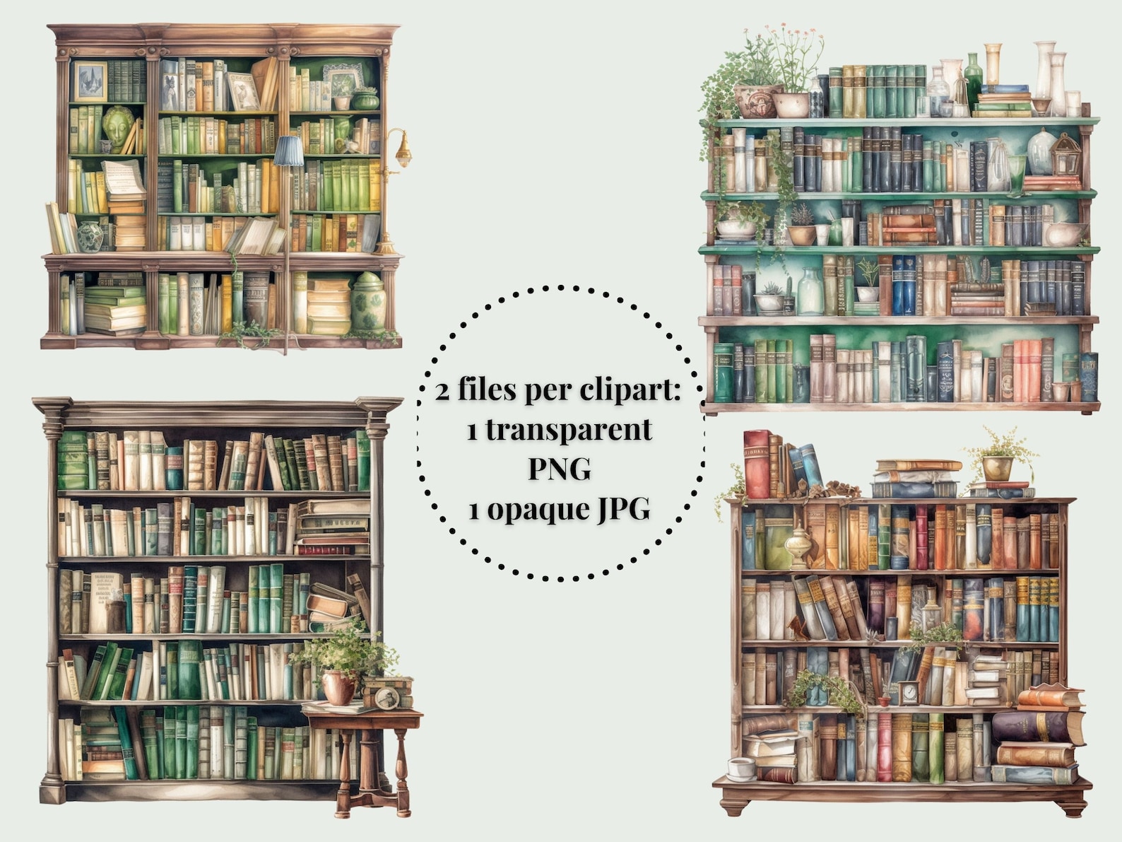 Vintage Bookcase Watercolor Clipart Bundle Bookshelf Free Etsy