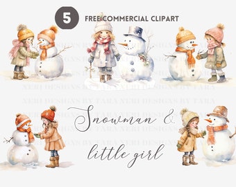 Snowman and Children Watercolor Clipart Bundle, Cute Christmas Free Commercial PNG, Winter scene and kid Illustration, Girl in snow clipart