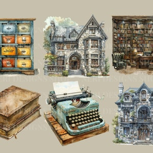 Vintage reading watercolor clipart Classic library Free commercial PNG Librarian, Book lover bookcase old world globe catalog cabinet art zdjęcie 6