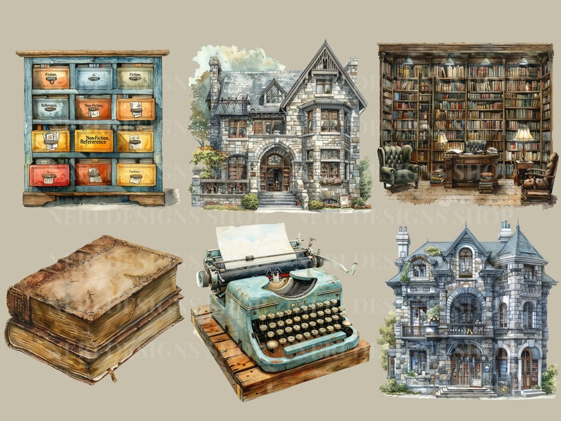 Vintage reading watercolor clipart Classic library Free commercial PNG Librarian, Book lover bookcase old world globe catalog cabinet art zdjęcie 6