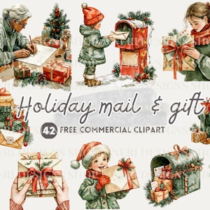 Vakantiewenskaart schrijven aquarel clipart, kerstcadeau gratis commercieel gebruik, feestelijke brievenbus, seizoensbrief, hand met post