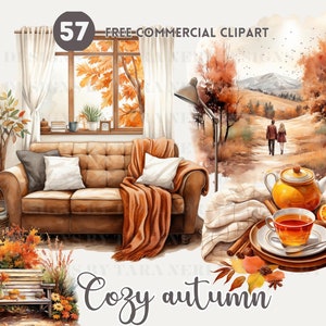 Cozy Fall season watercolor clipart bundle, Autumn garden bench, food, tea free commercial PNG, Autumn window, landscape illustration