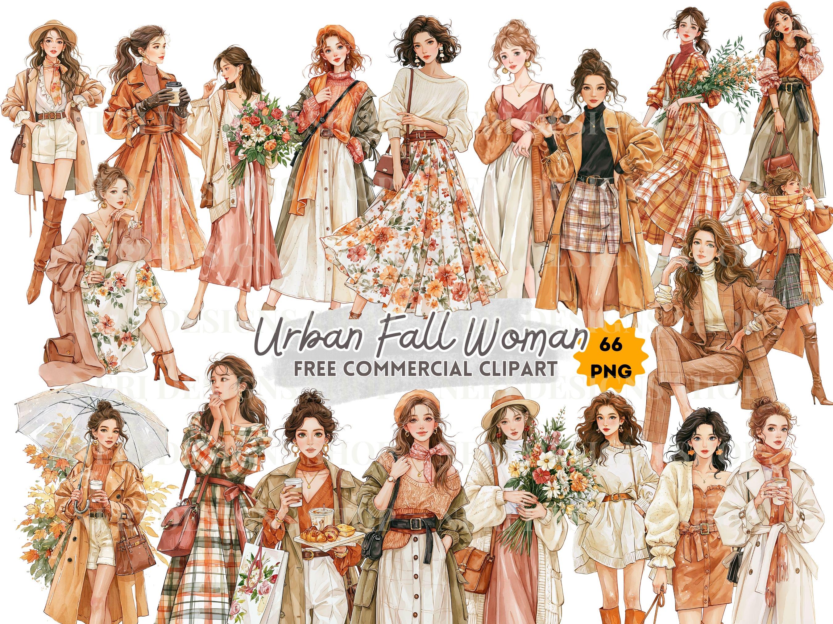 Urban Fall Woman Watercolor Clipart Bundle, Chic Autumn Fashion