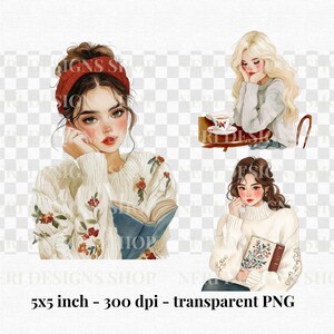 May include: Digital art print featuring three illustrations of women. One is reading a book, another is drinking tea, and the third is holding a book. The images are in a watercolor style with a transparent PNG background. The print size is 5x5 inches.