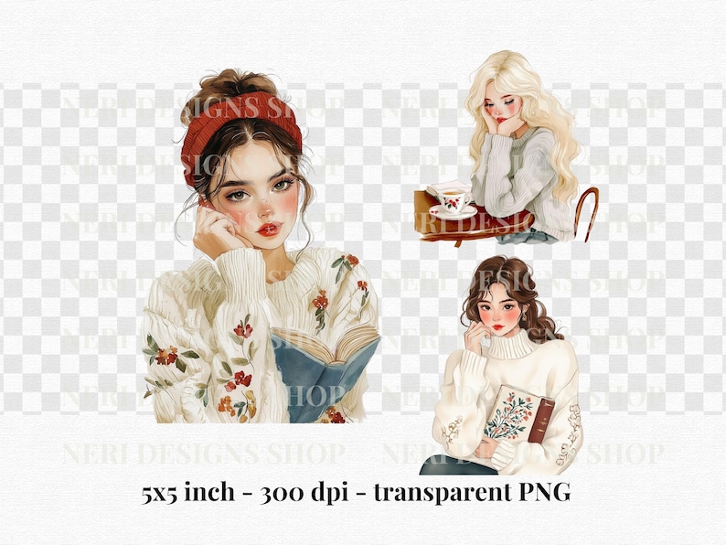 May include: Digital art print featuring three illustrations of women. One is reading a book, another is drinking tea, and the third is holding a book. The images are in a watercolor style with a transparent PNG background. The print size is 5x5 inches.