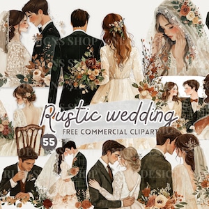 Clipart aquarelle mariage rustique, automne jeunes mariés, PNG commercial gratuit romance automne, sticker amour romantique, Art de mariage floral automne
