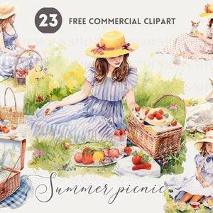 Vintage picknick meisje aquarel clipart bundel, klassieke vrouw bij buiten zomerpicknick gratis commerciële PNG, retro zomer, picknickmand
