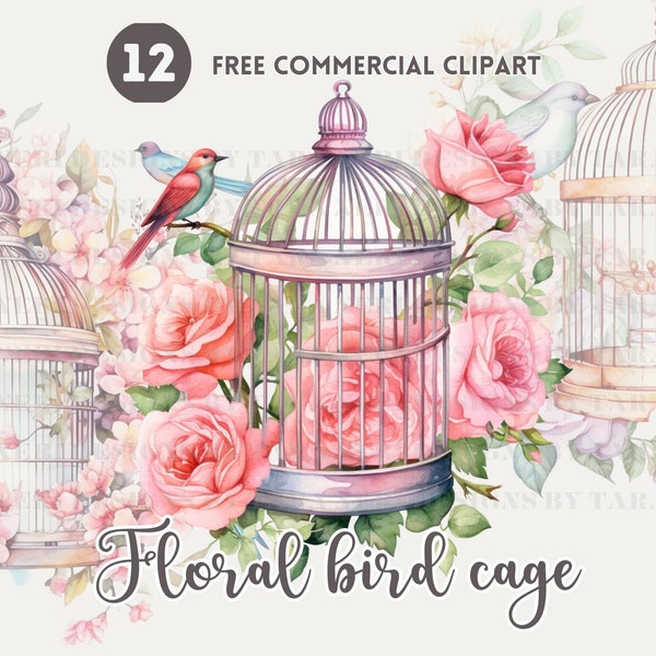 Floral bird cage watercolor clipart bundle, Blossom-decorated bird cage Free commercial PNG set for wedding, birthday card, journal kit