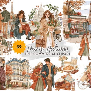 May include: A collection of digital illustrations featuring people in autumn attire, Parisian street scenes, the Eiffel Tower, bicycles, suitcases, and cafe items with the text Paris Autumn FREE COMMERCIAL CLIPART in the center.