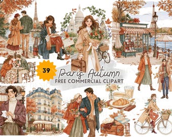 Parisian Fall Clipart, Watercolor Autumn Women, Couples, Café Scenes and Paris Landmarks