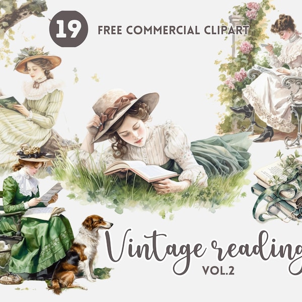 Vintage reading watercolor clipart bundle Outdoor reading Free commercial watercolor clipart set Retro book reading illustration