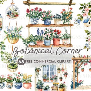 Botanische hoek aquarel clipart, hangplant gratis commerciële png, potplant, bloemenvaas, botanische plank, binnentuin sticker kunst