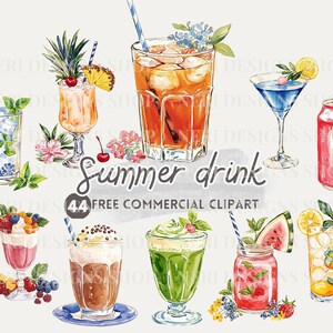 Summer Drink watercolor clipart, Tropical Drink free commercial PNG, Summer Beverage, Fruit Juice Sticker, Cocktail, Boba Tea, Soft drink