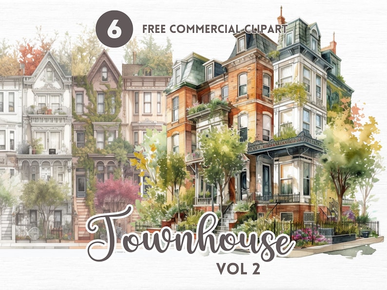 Townhome Watercolor Clipart Bundle Free Commercial Watercolor Etsy