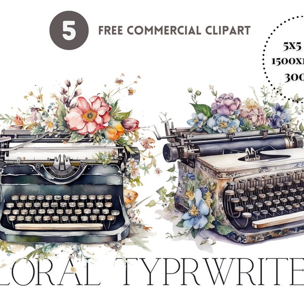 Floral typewriter watercolor clipart bundle Vintage typing machine commercial clipart set Instant Download Vintage floral illustration set