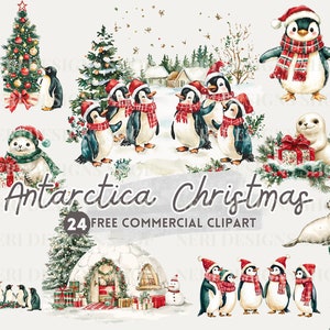 Clipart de acuarela de iglú navideño, pingüino y árbol festivo, png comercial gratuito, foca y regalo de Navidad, trineo navideño, Navidad en la Antártida