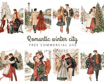 Winter Couple Clipart, Watercolor Romantic City Dates, Snowy Streets and Cozy Urban Scenes for Planners and Cards