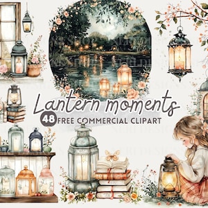 Clipart aquarelle lanterne, fille et lanterne par fenêtre PNG commercial gratuit, lumière au bord du lac, lanterne de Hanoukka sur une branche, lanterne et art du livre
