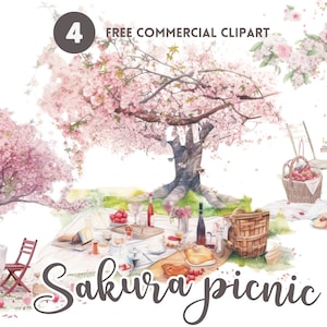 Sakura picnic watercolor clipart bundle Free commercial  watercolor clipart set Aesthetic cherry blossom front watercolor illustration