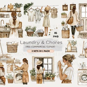 Laundry and Household Chores Watercolor Clipart: Woman Cleaning, Sweeping, Hanging Clothes and Folding, Cleaning Supplies