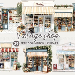 Vintage winkelpui aquarel clipart, retro kledingwinkel gratis commerciële png, klassieke etalage, oude boekhandel, winkelgevel, stadswinkel