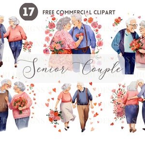 Pacchetto di clipart acquerello carino vecchia coppia, coppia di anziani ama pubblicità gratuita, illustrazione dei nonni, vecchia coppia felice, storia d'amore senior