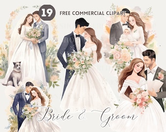 Bride and Groom with pet Watercolor Clipart Bundle Free Commercial Asian Wedding Couple PNG Loving Couple Illustration Marriage Graphic