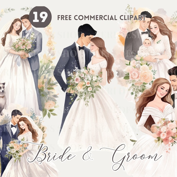 Bride and Groom with pet Watercolor Clipart Bundle Free Commercial Asian Wedding Couple PNG Loving Couple Illustration Marriage Graphic