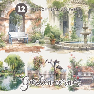 Serene Garden watercolor clipart bundle, Garden Fountain free commercial PNG, Garden Lake Illustration, Garden gate, bench by floral wall